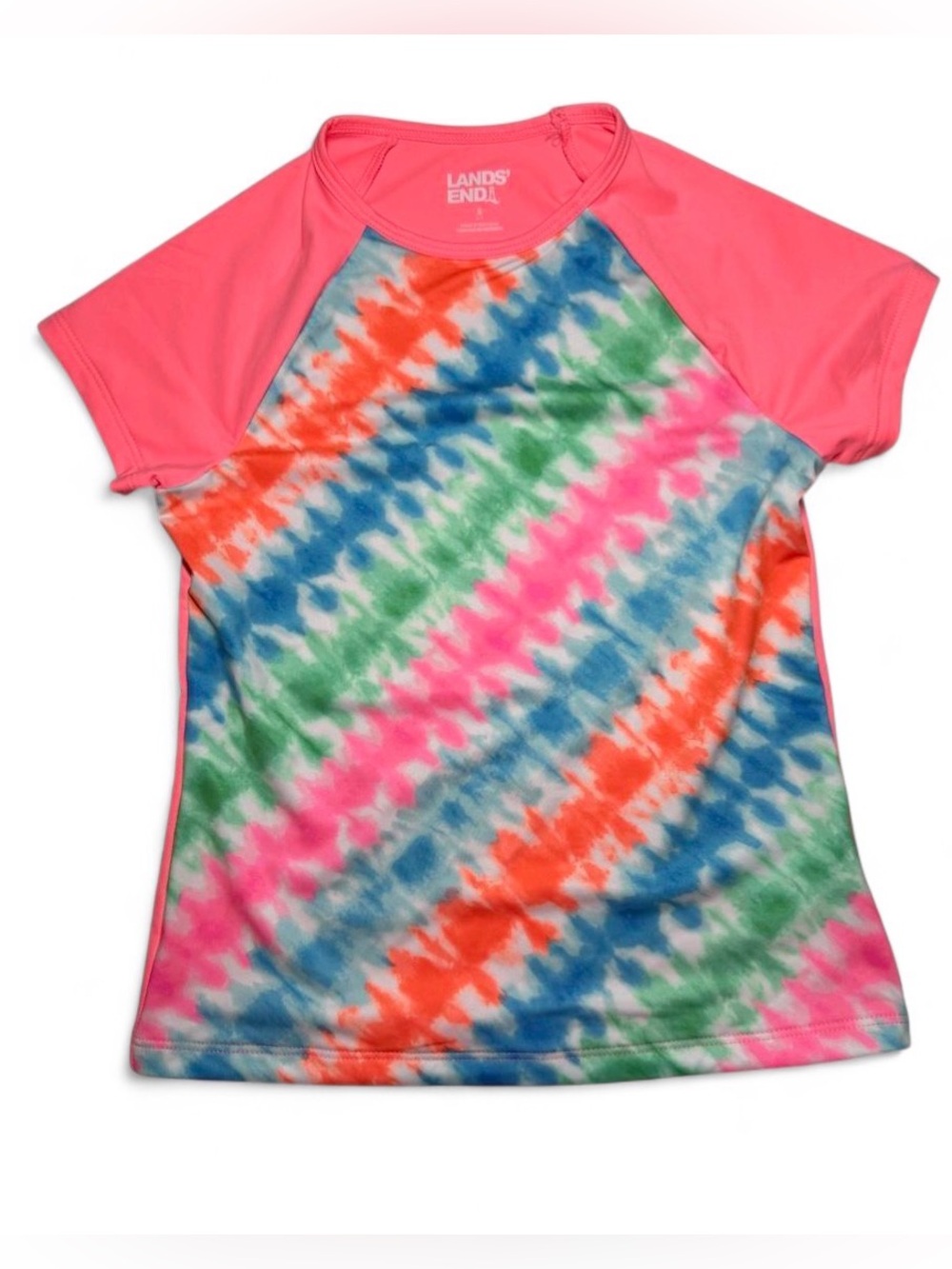 Lands End Girls Rash Guard Shirt Tie Dye Pink Short Sleeve Beach Swim Top S 6-7